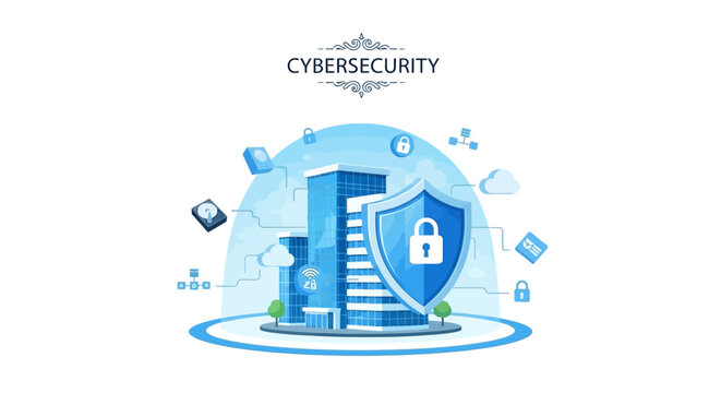 A cybersecurity illustration depicting a shield with a lock and a staircase leading to a secure server, surrounded by various digital security elements on a blue background with a clean