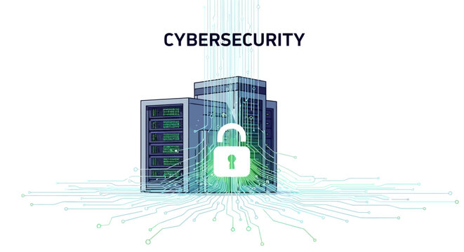 A green padlock secures a futuristic server room with glowing lines and circuits, representing cybersecurity and data protection.