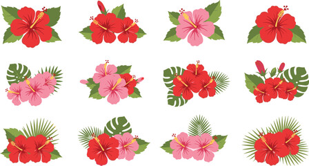Tropical hibiscus floral set. Bright red and pink flowers with green leaves. Flat botanical elements for summer design, beach themes, and decorative projects. © ALINA