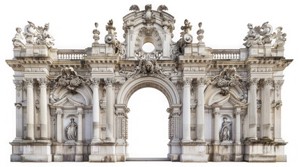 Fototapeta premium Grand baroque style stone archway with intricate carvings and statues isolated on transparent background