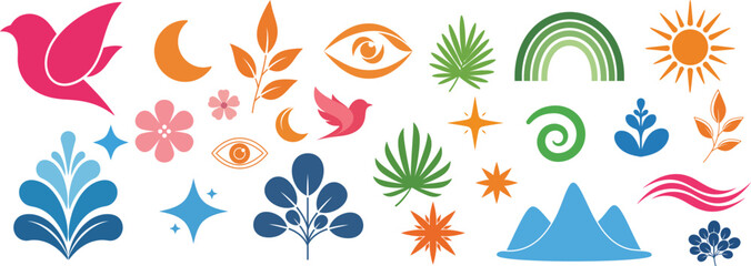 Fototapeta premium Abstract Nature and Symbol Icon Set – Birds, Flowers, Sun, Rainbow and Decorative Vector Elements