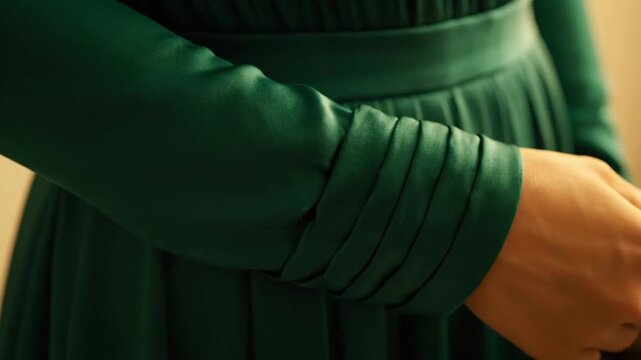 Elegant dark green dress with pleated sleeve and luxurious fabric detail