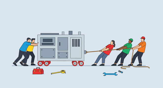 Four people pulling a large appliance.