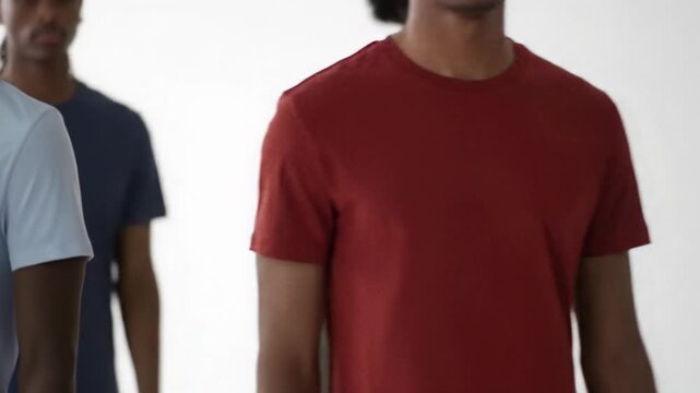Diverse models showcase premium t-shirts in earthy tones, muted pastels, and brights, captured with smooth dolly videos in a minimalist studio/showroom. Effortless modern style concept