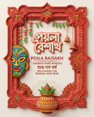 Poila Baisakh Bengali New Year Celebration 3D Illustration with Traditional Mask 
