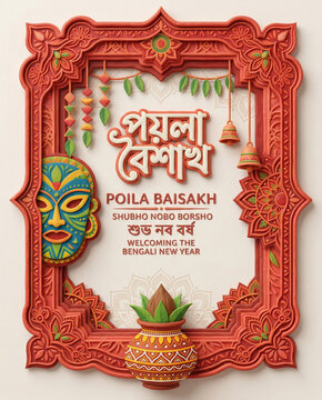 Poila Baisakh Bengali New Year Celebration 3D Illustration with Traditional Mask

