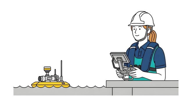 A worker operates a remote-controlled underwater vehicle on a console at a dock.