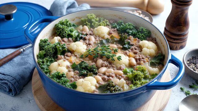 Hearty stew with kale, beans, and cauliflower in blue pot