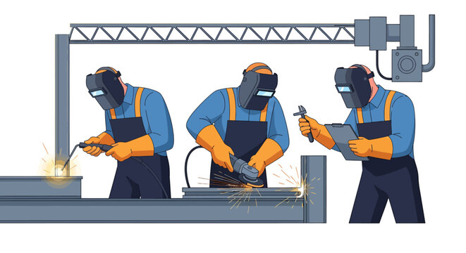 Workers wearing protective gear welding metal.