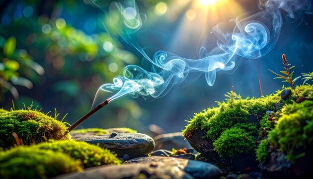 Close-up of burning incense with thick blue smoke in a lush sun-drenched forest setting