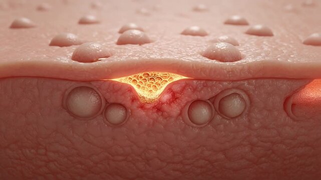 Cross Section of Inflamed Pimple or Acne Lesion on Human Skin