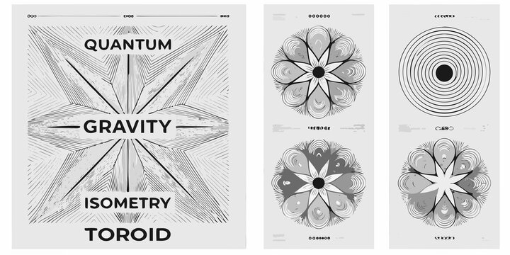 Abstract geometric designs with text referencing quantum physics and geometry