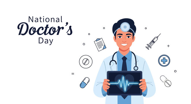 Illustration of a doctor holding a tablet with a heartbeat graph on the screen, surrounded by medical icons, celebrating National Doctor's Day with a professional and appreciative mood.