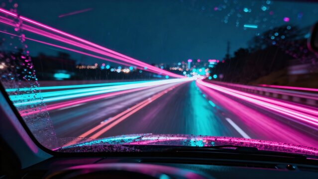 High detail night drive, highway, neon lights, car dashboard, speed concept in clean modern style, realistic lighting and depth, professional composition for marketing, branding, editorial storytellin