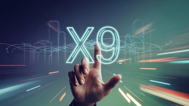 Human finger touching glowing X9 symbol against futuristic city and light streaks background