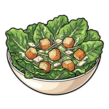 Vibrant kale Caesar salad with croutons in cartoon style colorful lighting for food blog