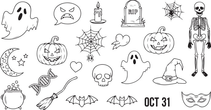Collection of hand drawn halloween theme vector icons and spooky holiday symbols for decoration