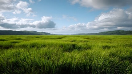 Obraz premium A wide sweeping vista of a lush green grassland with rolling hills in the distance under a blue sky with white clouds
