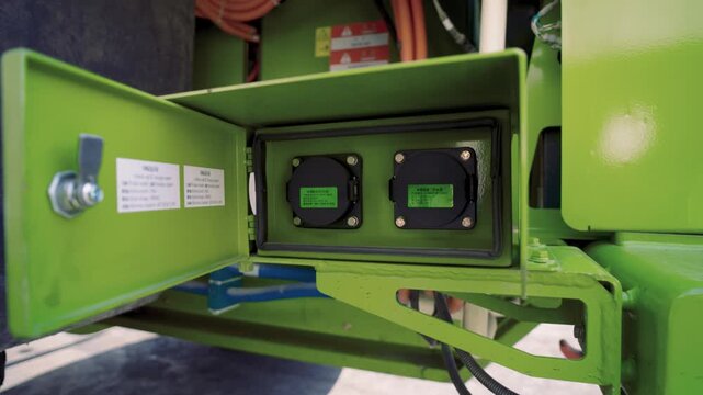 Detailed closeup of the battery box on a green NHL TR50E EV mining dump truck being inspected for levels and integrity in Pakistan.