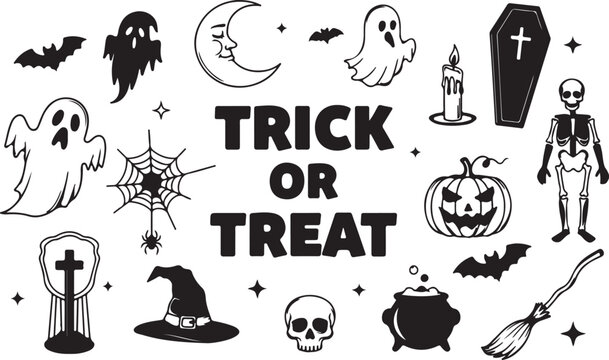 A collection of black and white halloween icons surrounding the text trick or treat for holiday