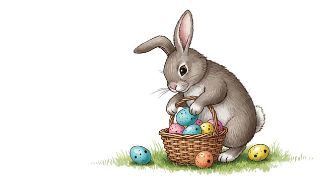 Gray rabbit holding a basket of colorful Easter eggs on grass