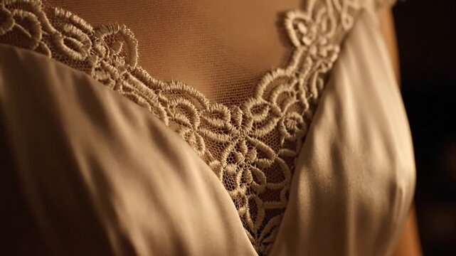 Elegant beige silk lingerie with delicate lace detail close-up