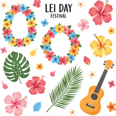 Lei Day Festival Elements Set with Tropical Hibiscus Flowers, Hawaiian Floral Wreaths, Monstera Leaves, and Ukulele for Summer Party Design © thea_sketch