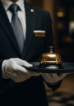 Bellhop holding golden service bell on tray golden bell