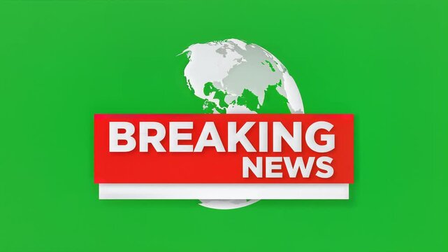 Dynamic global breaking news animation with a white rotating ??, earth globe and bold red text, set against a vibrant green screen background