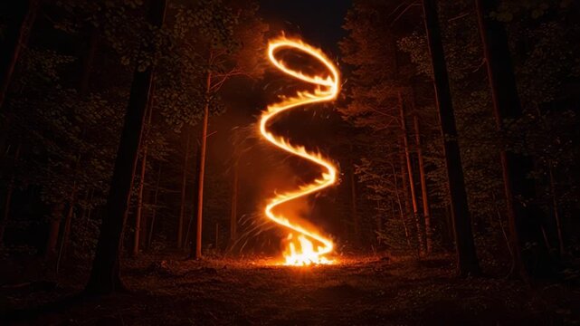 A slow-motion cinematic shot of fire tornado or fire vortex burning in the forest during dark night time with trees on side