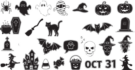 Obraz premium A collection of black and white halloween icons featuring spooky creatures and holiday symbols