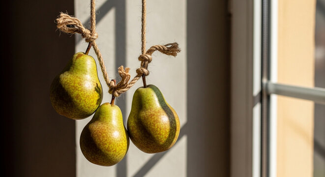 three green pears hanging by twine near a window
