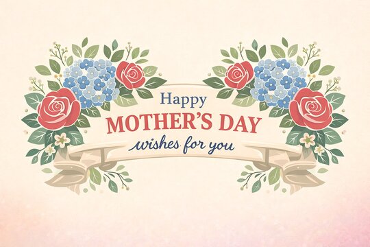 Happy mothers day greeting card with red roses and blue hydrangea flowers on a vintage ribbon banner