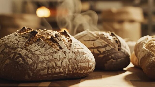 Artisan breads resting on a clean counter with delicate steam drifting upwards