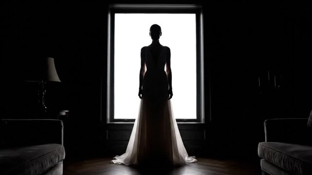 Mysterious silhouette of a woman in a long dress standing by a bright window