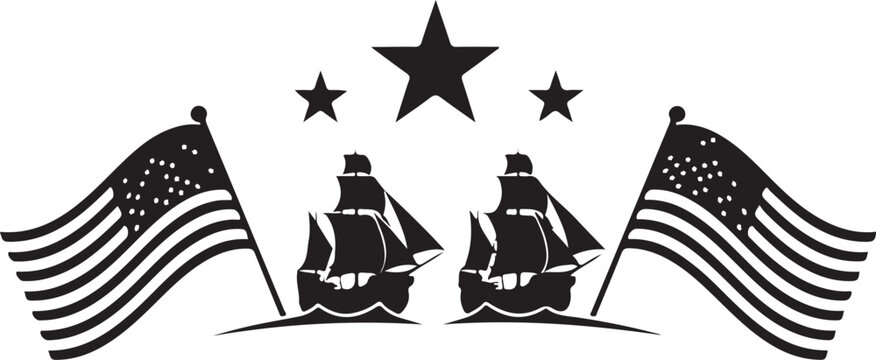 Black and white graphic illustration featuring two historic sailing ships between american flags