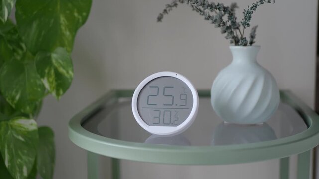 Close up of digital thermometer and humidity sensor on a side table next to a plant and vase