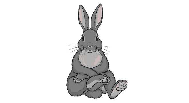Gray rabbit sitting upright with one leg crossed over the other