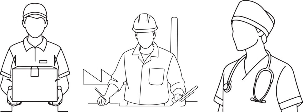Labor Day Professional Workers Line Art Set for Career and Industry