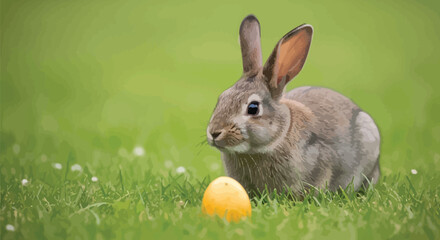 Obraz premium A cute brown rabbit sitting in green grass with an Easter egg