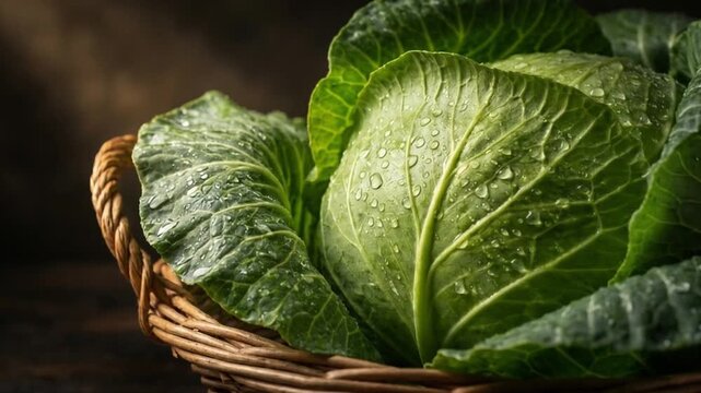 A close view of water droplets resting on a fresh green cabbage inside a basket in a dark moody studio, ideal for organic food documentary b-roll.