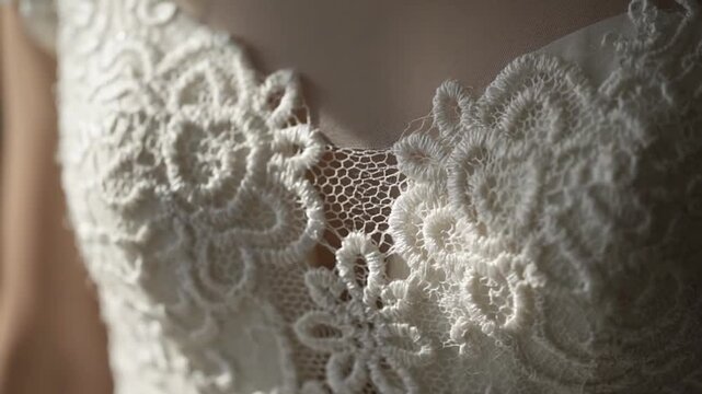 Intricate white lace detail on a wedding dress with delicate patterns