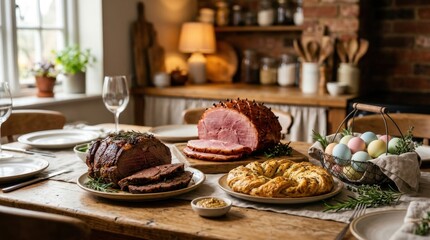 Fototapeta premium A Festive Ham Dinner Feast with Savory Meats and Pastry on a Rustic Wooden Table