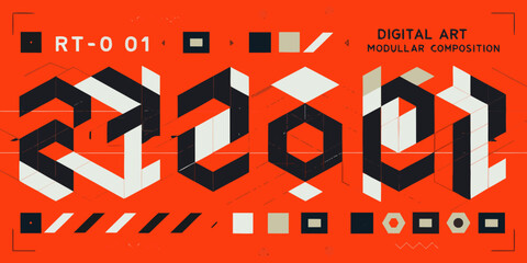 Abstract geometric composition with bold typography and a vibrant orange background © Pabitra