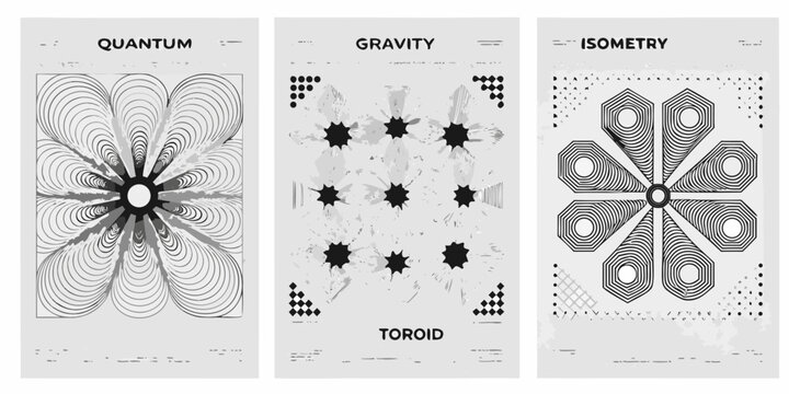 Abstract geometric posters featuring quantum gravity and isometric designs