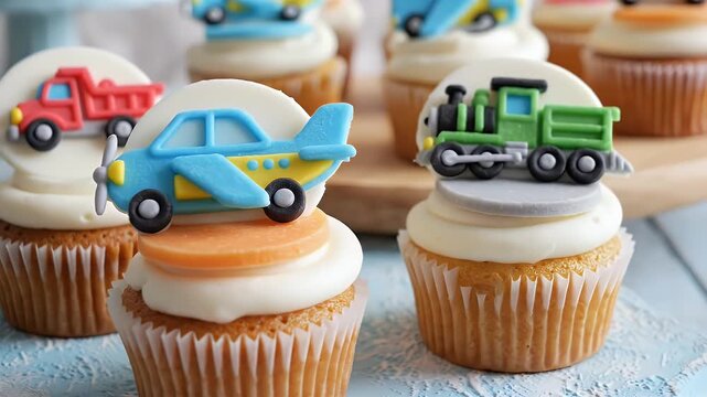 Kids birthday cupcakes with toy vehicle toppers on display