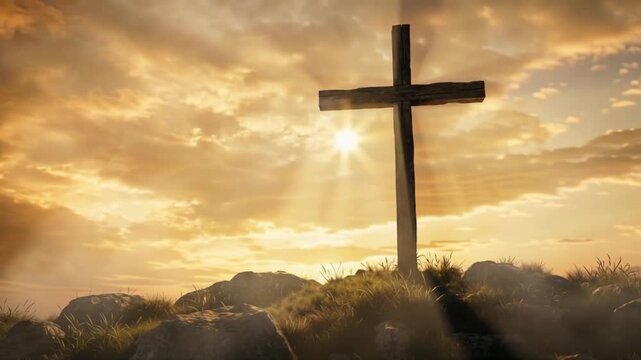 A realistic beautifully textured cross silhouetted against a bright sky setting with stunning clouds, ideal for uplifting spiritual cinematic intros.