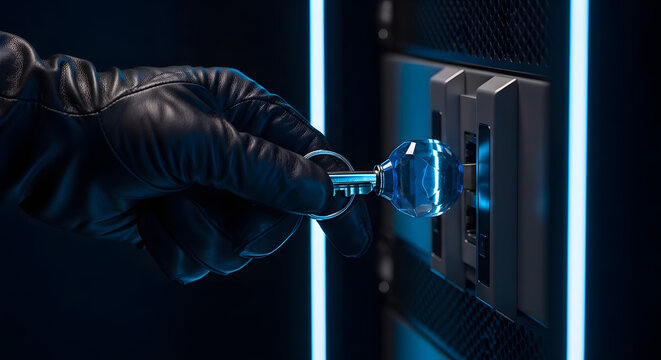 A gloved hand inserting a key into a secure server rack lock, symbolizing unauthorized access and critical data protection challenges in modern cybersecurity