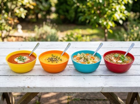 Four brightly colored soup bowls brimming with delicious meals, set on an outdoor table amidst a garden setting
