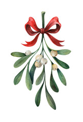 Mistletoe branch with white berries and red bow, watercolor illustration. Christmas decoration element for greeting cards, invitations and holiday design. Isolated on white background. © _Julia_red